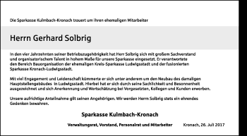 Traueranzeige von Gerhard Solbrig von Frankenpost