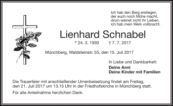 Traueranzeige von Lienhard Schnabel von Frankenpost
