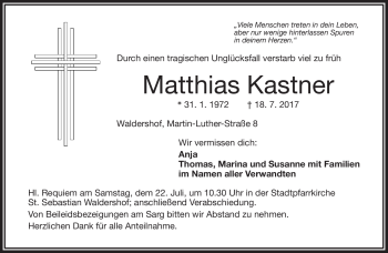 Traueranzeige von Matthias Kastner von Frankenpost