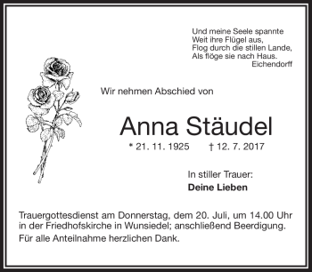 Traueranzeige von Anna Stäudel von Frankenpost