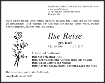 Traueranzeige von Ilse Reise von Südthüringer Presse