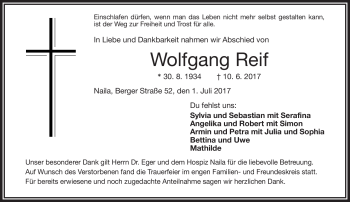 Traueranzeige von Wolfgang Reif von Frankenpost