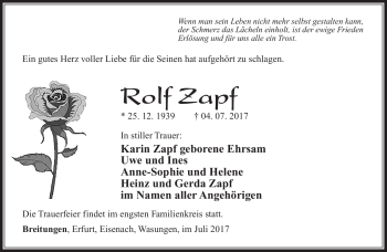 Traueranzeige von Rolf Zapf von Südthüringer Presse