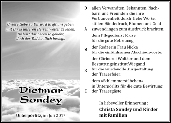 Traueranzeige von Dietmar Sondey von Südthüringer Presse
