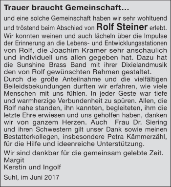 Traueranzeige von Rolf Steiner von Südthüringer Presse