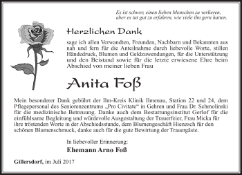 Traueranzeige von Anita Foß von Südthüringer Presse