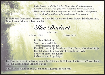 Traueranzeige von Ilse Deckert von Südthüringer Presse