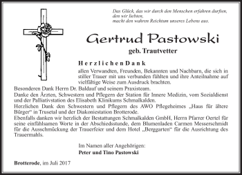 Traueranzeige von Gertrud Pastowski von Südthüringer Presse