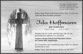 Traueranzeige von Ida Hoffmann von Südthüringer Presse