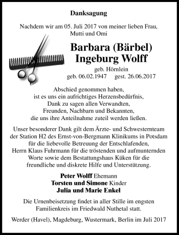 Traueranzeige von Barbara Ingeburg Wollf von Südthüringer Presse