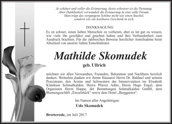 Traueranzeige von Mathilde Skomudek von Südthüringer Presse
