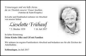 Traueranzeige von Lieselotte Frühauf von Südthüringer Presse
