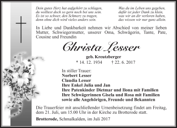 Traueranzeige von Christa Lesser von Südthüringer Presse