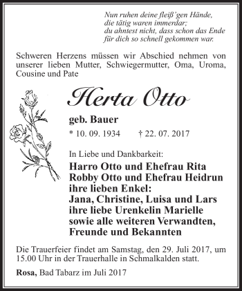 Traueranzeige von Herta Otto Herta Otto von Südthüringer Presse