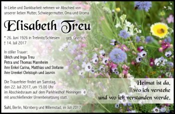 Traueranzeige von Elisabeth Treu von Südthüringer Presse