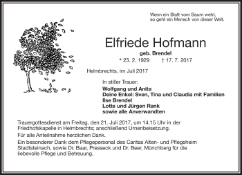 Traueranzeige von Elfriede Hofmann von Frankenpost