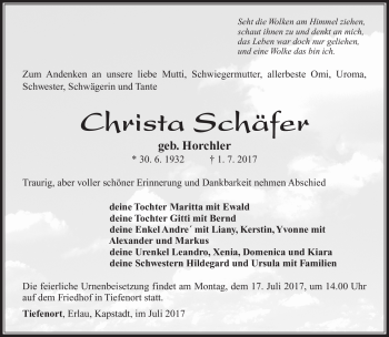 Traueranzeige von Christa Schäfer von Südthüringer Presse