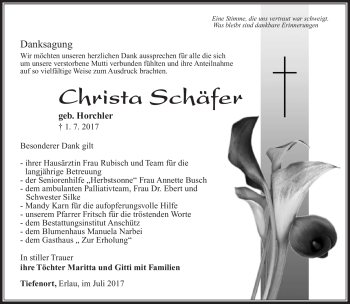 Traueranzeige von Christa Schäfer von Südthüringer Presse