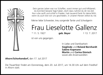 Traueranzeige von Liselotte Galenz von Neue Presse Coburg