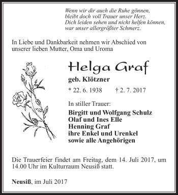 Traueranzeige von Graf Helga von Südthüringer Presse