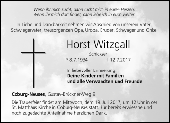 Traueranzeige von Horst Witzgall von Neue Presse Coburg
