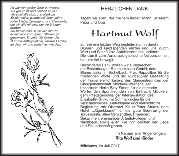 Traueranzeige von Hartmut Wolf von Südthüringer Presse
