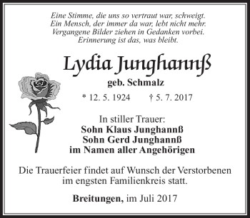 Traueranzeige von Lydia Junghannß von Südthüringer Presse