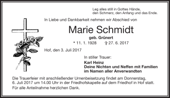 Traueranzeige von Marie Schmidt von Frankenpost