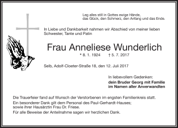 Traueranzeige von Anneliese Wunderlich von Frankenpost