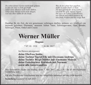 Traueranzeige von Werner Müller von Südthüringer Presse