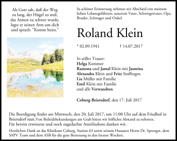 Traueranzeige von Roland Klein von Neue Presse Coburg