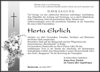 Traueranzeige von Herta Ehrlich von Südthüringer Presse