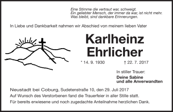 Traueranzeige von Karlheinz Ehrlicher von Neue Presse Coburg