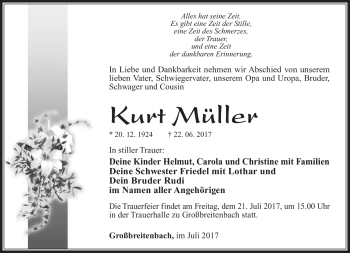 Traueranzeige von Kurt Müller von Südthüringer Presse