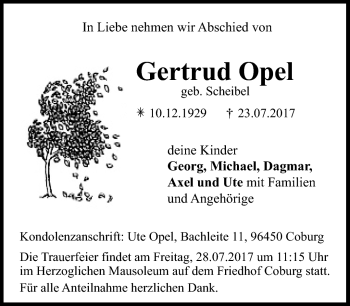 Traueranzeige von Gertrud Opel von Neue Presse Coburg