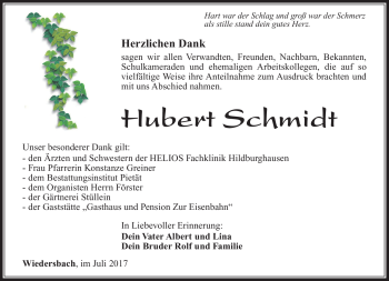 Traueranzeige von Hubert Schmidt von Südthüringer Presse