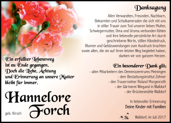 Traueranzeige von Hannelore Forch von Südthüringer Presse