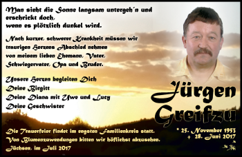 Traueranzeige von Jürgen Greifzu von Südthüringer Presse