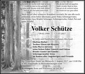 Traueranzeige von Volker Schütze von Südthüringer Presse