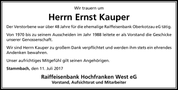 Traueranzeige von Ernst Kauper von Frankenpost