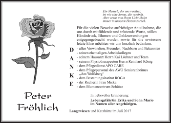 Traueranzeige von Peter Fröhlich von Südthüringer Presse