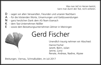 Traueranzeige von Gerd Fischer von Südthüringer Presse