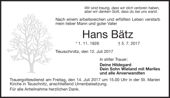 Traueranzeige von Hans Bätz von Neue Presse Coburg