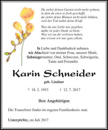 Traueranzeige von Karin Schneider von Südthüringer Presse