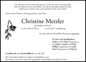Traueranzeige von Christine Metzler von Neue Presse Coburg