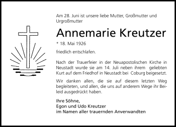 Traueranzeige von Annemarie Kreutzer von Neue Presse Coburg