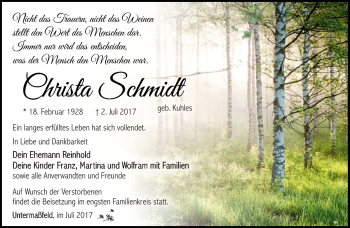 Traueranzeige von Christa Schmidt von Südthüringer Presse