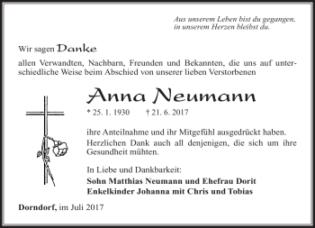 Traueranzeige von Anna Neumann von Südthüringer Presse