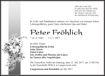 Traueranzeige von Peter Fröhlich von Südthüringer Presse