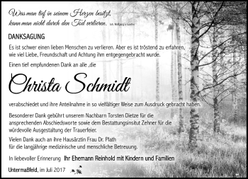 Traueranzeige von Christa Schmidt von Südthüringer Presse
